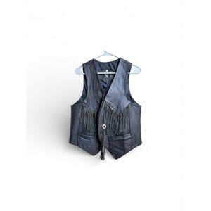 Originales DIM Black Leather Western Fringe Vest Rodeo Embroidery G